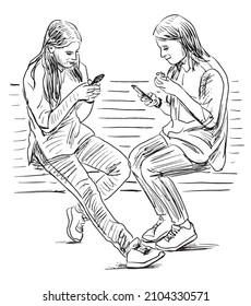 Sketch of two teen girls sitting on park bench and looking at smartphones on summer day