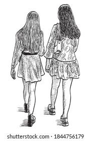 Sketch of two teen girls walking down street on summer day