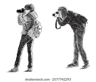 Sketch of two teen students tourists with backpacks photographing on camera, side view, vector realistic hand drawing 