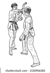 Sketch of two teenage boys in wrestling training