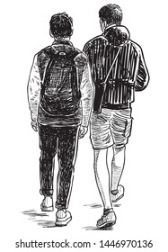 Sketch of two teens students going down the street