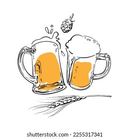 Sketch of two toasting beer mugs, barley or wheat ear and hop cone. Cheers. Clinking glass tankards full of beer and splashed foam. Hand drawn vector illustration isolated on white background.