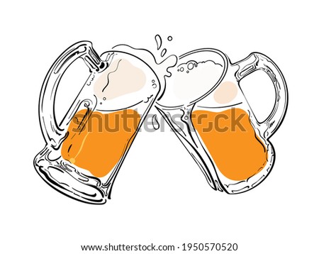 Sketch of two toasting beer mugs. Cheers. Clinking glass tankards full of beer and splashed foam. Hand drawn vector illustration isolated on white background.