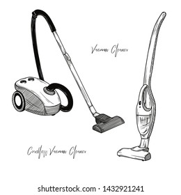 Sketch of two vacuum cleaners on a white background. Vector illustration in sketch style.