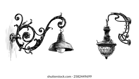 Sketch of two vintage ornate streetlights, antique lanterns, vector hand drawing isolated on white