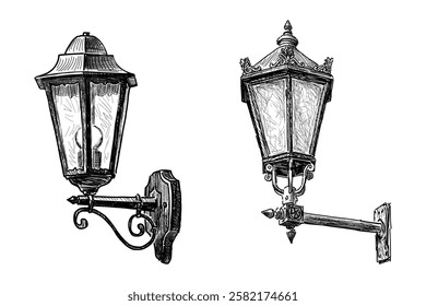 Sketch of two vintage street lamps, retro ornate lanterns, vector hand drawing isolated on white