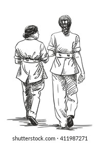 Sketch of two walking women in official clothing, Hand drawn illustration