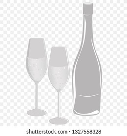 sketch of two wine glasses and a bottle of wine. Vector drawing for creativity and design.