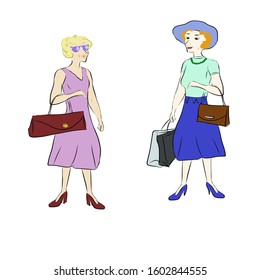 Sketch, two women are standing with bags in their hands