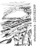 Sketch of two working geologists against the backdrop of a mountainous quarry landscape, hand-drawn
