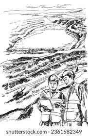 Sketch of two working geologists against the backdrop of a mountainous quarry landscape, hand-drawn