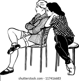 sketch two young girls sit on chairs