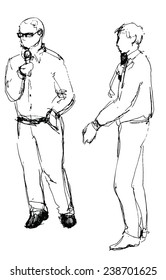 sketch of a two young man with a microphone speaker