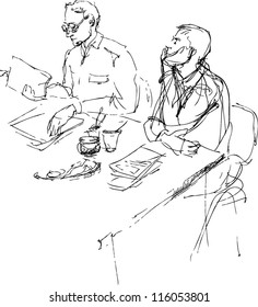 a sketch of two young men is in an office