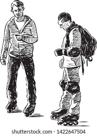 Sketch of two young men on the roller skates stopping to talk