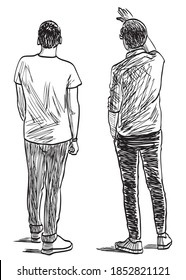 Sketch Of Two Young Men Standing And Talking Outdoors