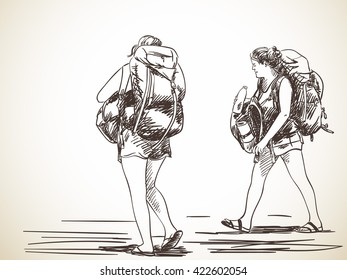 Sketch of two young women walking with backpack, Hand drawn illustration