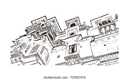 Sketch of Udaipur Palace, India in vector illustration.