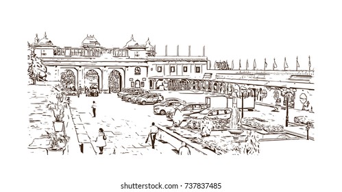 Sketch of Udaipur Palace, India in vector illustration.