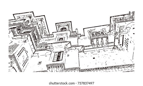Sketch of Udaipur Palace, India in vector illustration.