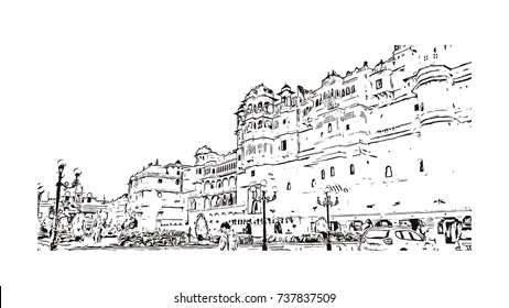 Sketch of Udaipur Palace, India in vector illustration.