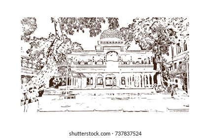 Sketch of Udaipur Palace, India in vector illustration.