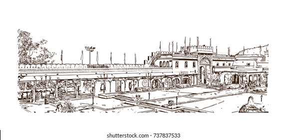 Sketch of Udaipur Palace, India in vector illustration.