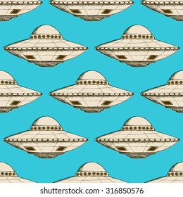 Sketch Ufo Plate In Vintage Style, Vector Poster