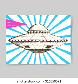 Sketch Ufo Plate In Vintage Style, Vector Poster