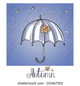 Sketch of an umbrella in the rain. Hand drawn illustration
