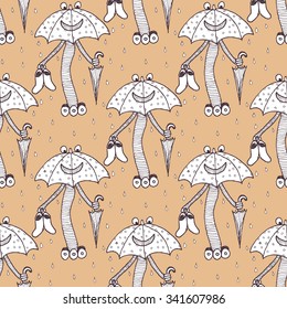 Sketch umbrella robot in vintage style, vector seamless pattern