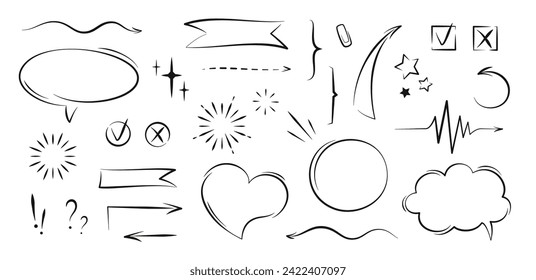 Sketch underline, arrow shape, speech bubble . Hand drawn brush stroke, highlight, sparkle element. Templates and elements for business process. Vector illustration.