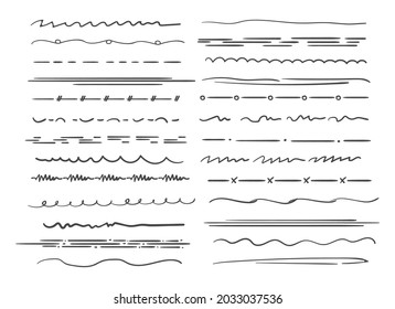 Sketch underline borders. Hand drawn underlines, crosshatch pen kant lines, scribbles pencil strokes line set isolated on white background, doodle painting decoration curve ornaments