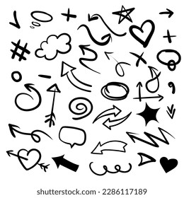 Sketch underline, doodles, emphasis, arrow shape set. Hand drawn brush strokes, star, highlight, heart, number sign, speech bubble, underline, sparkle element. Isolated vector illustration