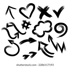 Sketch underline, doodles, emphasis, arrow shape set. Hand drawn brush strokes collection, star, highlight, heart, number sign, speech bubble, underline, sparkle element. Isolated vector illustration