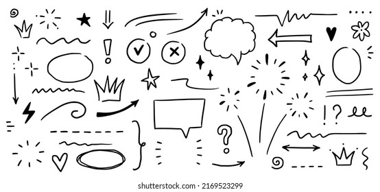 Sketch underline, emphasis, arrow shape set. Hand drawn brush stroke, highlight, speech bubble, underline, sparkle element. Vector illustration. - Shutterstock ID 2169523299