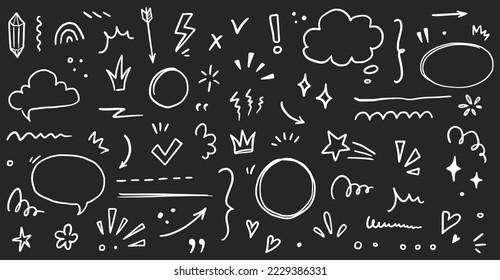 Sketch underline, emphasis, arrow shape set chalkboard. Hand drawn brush stroke, highlight, speech bubble, underline, sparkle element. Vector illustration.