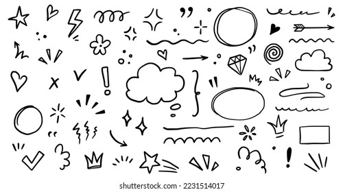 Sketch underline, emphasis, arrow shape set. Hand drawn brush stroke, highlight, speech bubble, underline, sparkle element. Vector illustration.