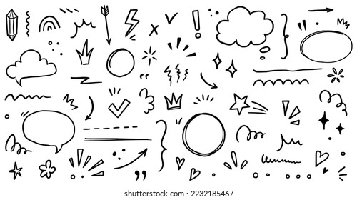 Sketch underline, emphasis, arrow shape set. Hand drawn brush stroke, highlight, speech bubble, underline, sparkle element. Vector illustration.