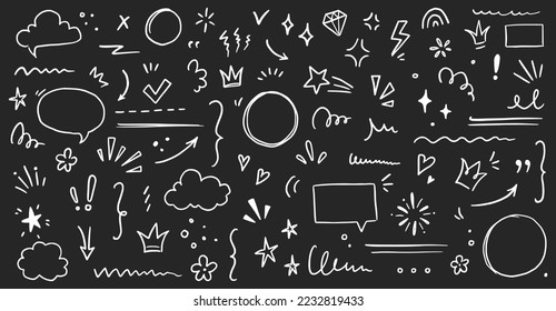 Sketch underline, emphasis, arrow shape set chalkboard. Hand drawn brush stroke, highlight, speech bubble, underline, sparkle element. Vector illustration.