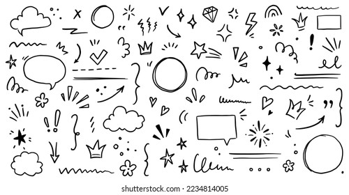 Sketch underline, emphasis, arrow shape set. Hand drawn brush stroke, highlight, speech bubble, underline, sparkle element. Vector illustration. - Shutterstock ID 2234814005