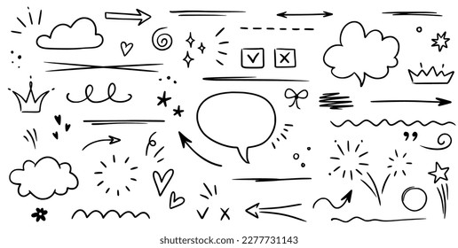 Sketch underline, emphasis, arrow shape set. Hand drawn brush stroke, highlight, speech bubble, underline, sparkle element. Vector illustration - Shutterstock ID 2277731143