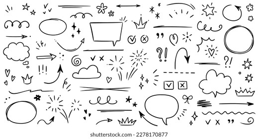 Sketch underline, emphasis, arrow shape set. Hand drawn brush stroke, highlight, speech bubble, underline, sparkle element. Vector illustration