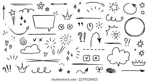 Sketch underline, emphasis, arrow shape set. Hand drawn brush stroke, highlight, speech bubble, underline, sparkle element. Vector illustration