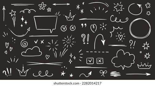 Sketch underline, emphasis, arrow shape set on chalkboard background. Hand drawn brush stroke, highlight, speech bubble, underline, sparkle element. Vector illustration