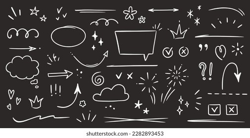 Sketch underline, emphasis, arrow shape set on chalkboard background. Hand drawn brush stroke, highlight, speech bubble, underline, sparkle element. Vector illustration