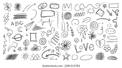 Sketch underline, emphasis, arrow shape set. Hand drawn brush stroke, highlight, speech bubble, underline, sparkle element. Vector illustration.
