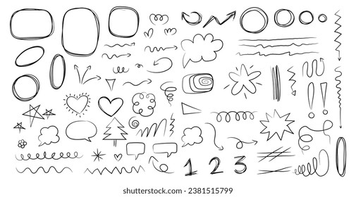 Sketch underline, emphasis, arrow shape set. Hand drawn brush stroke, highlight, speech bubble, underline, sparkle element. Vector illustration.