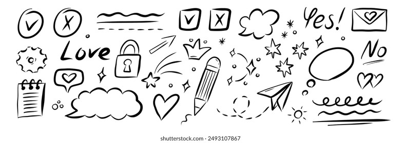 Esboce subrayado, énfasis, conjunto de formas de flecha. Trazo de pincel dibujado a mano, resaltado, burbuja de voz, subrayado, Ilustración vectorial de elementos brillantes