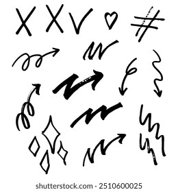 Sketch underline, emphasis, arrow shape set. Hand drawn brush stroke, highlight, speech bubble, underline, sparkle element. Vector illustration.